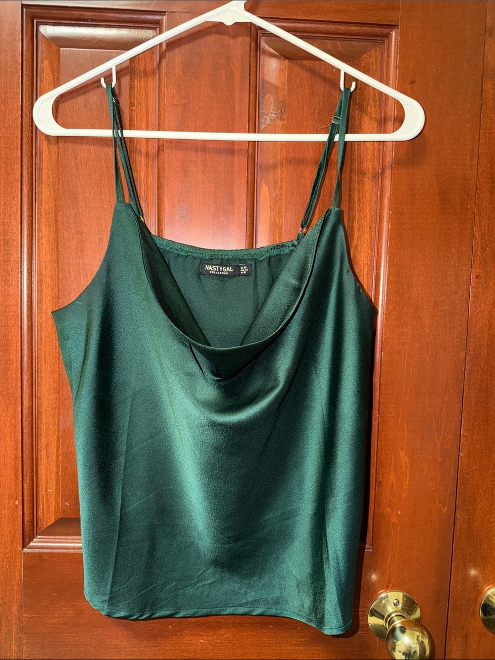 Nasty Gal Satin Cowl Neck Cami Adjustable Straps Dark Emerald Green Size 10